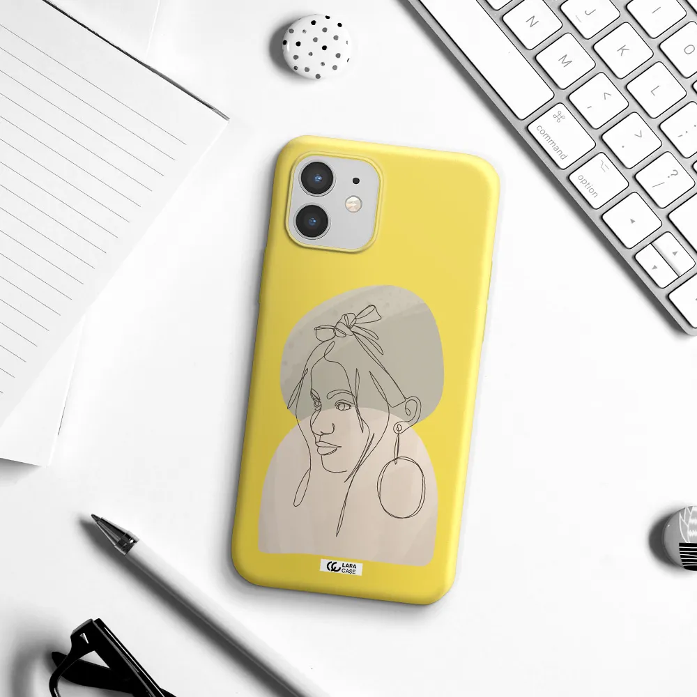 Abstract Female Face Line Art Apple iPhone 12 Silicone canary yellow Case
