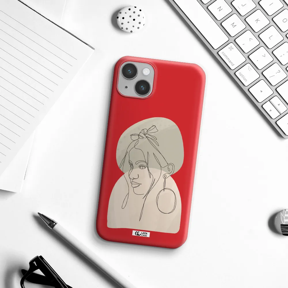 Abstract Female Face Line Art Apple iPhone 14 plus Silicone Imperial Red Case