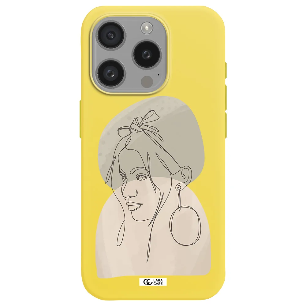 Abstract Female Face Line Art Apple Iphone 15 Pro Silicone Canary Yellow Case