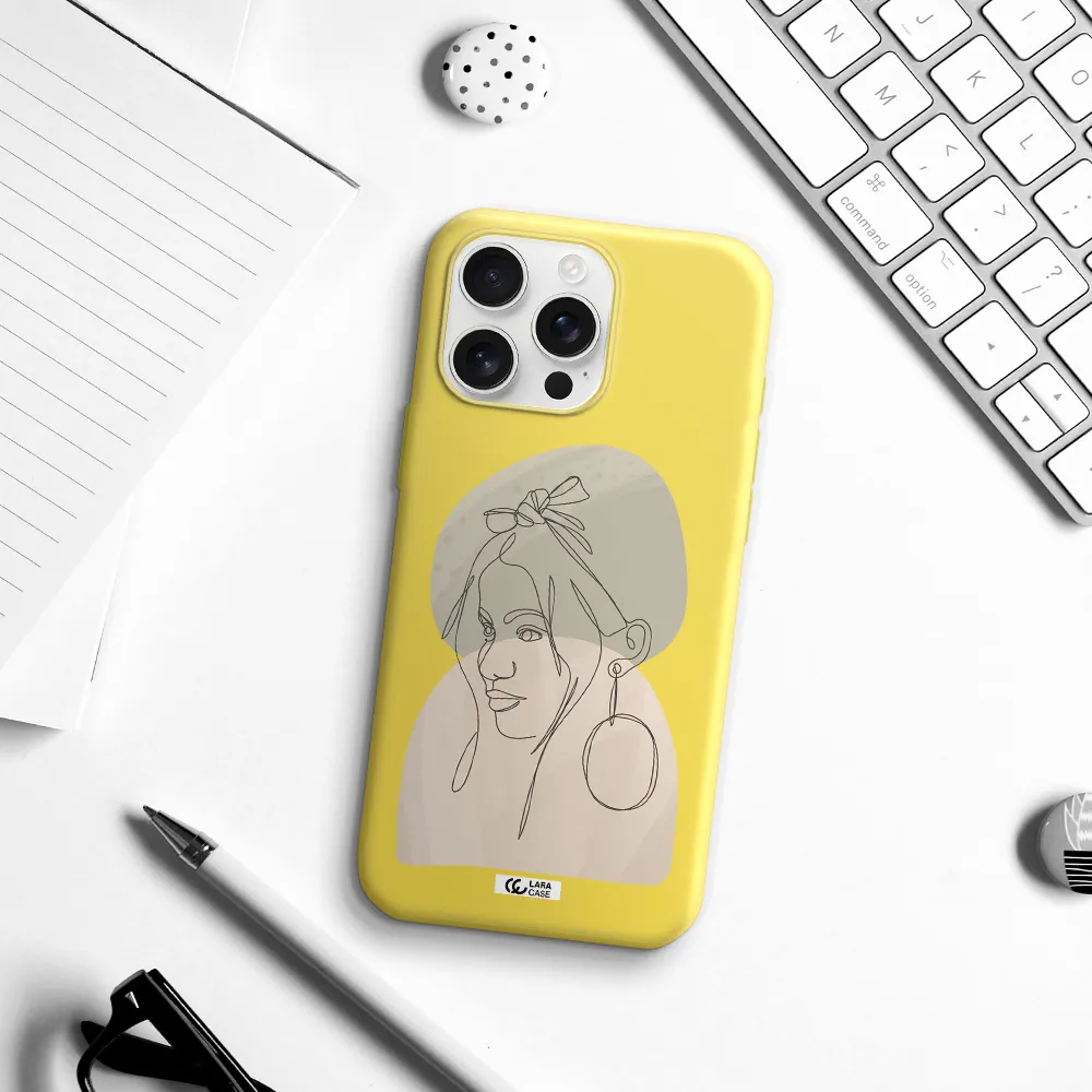 Abstract Female Face Line Art Apple Iphone 16 Pro Max Silicone Canary Yellow Case