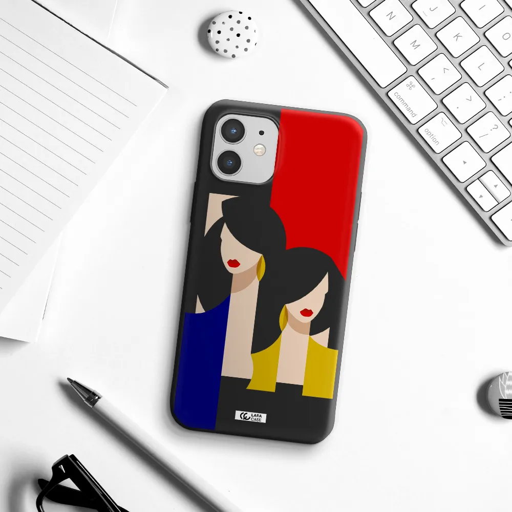 Abstract Two Female Portrait Apple iPhone 12 Silicone black Case