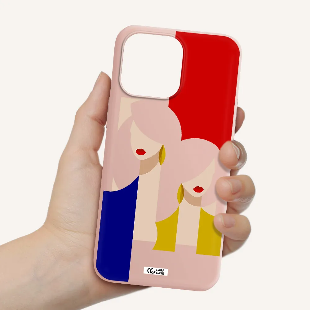 Abstract Two Female Portrait Apple iPhone 14 pro max Silicone pastel pink Case