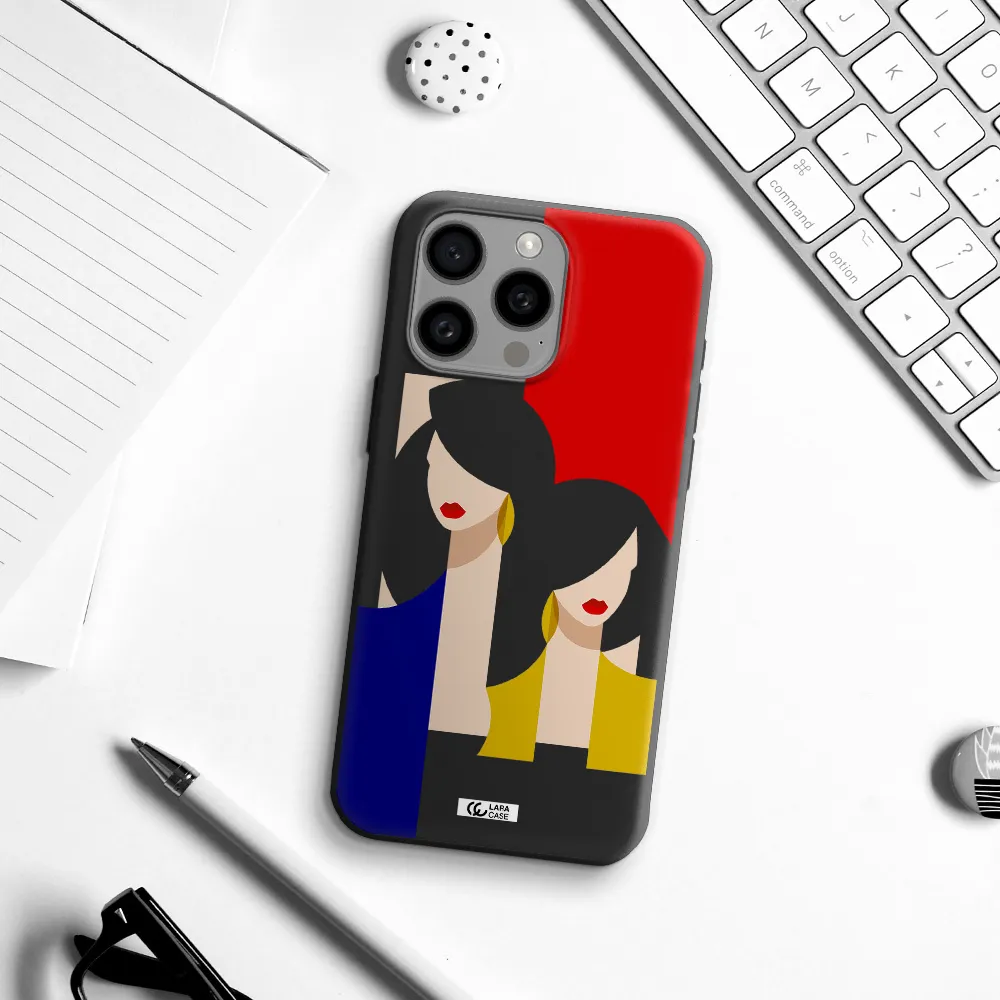 Abstract Two Female Portrait Apple Iphone 15 Pro max Silicone black Case