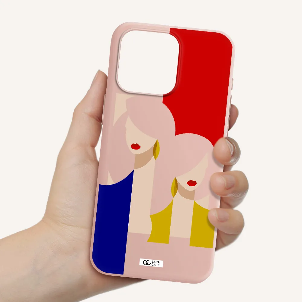 Abstract Two Female Portrait Apple Iphone 15 Pro max Silicone pastel pink Case
