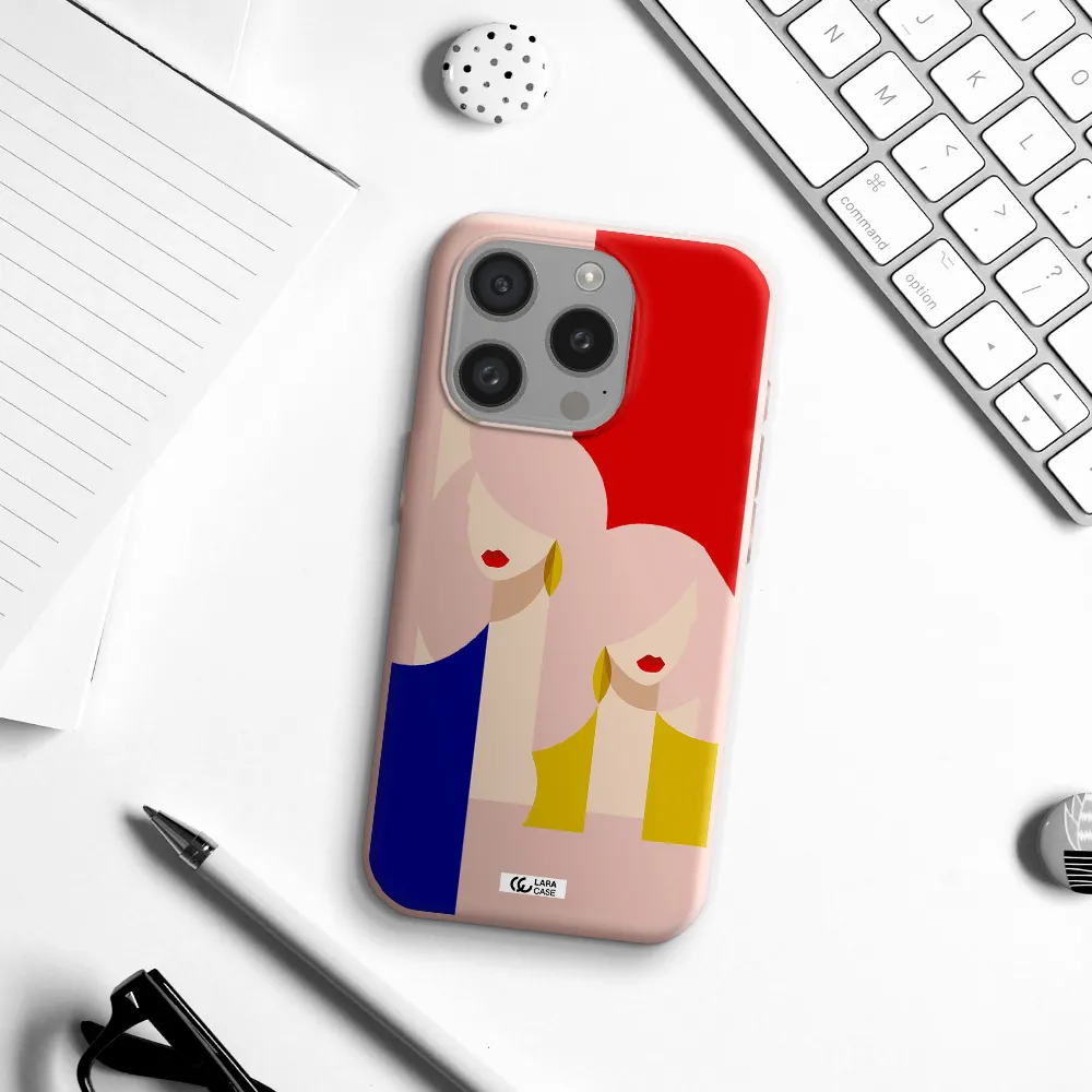 Abstract Two Female Portrait Apple Iphone 15 Pro Silicone Pastel Pink Case