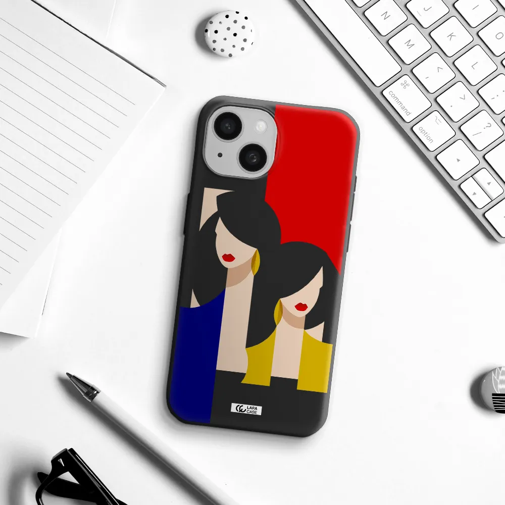 Abstract Two Female Portrait Apple iPhone 15 Silicone black Case