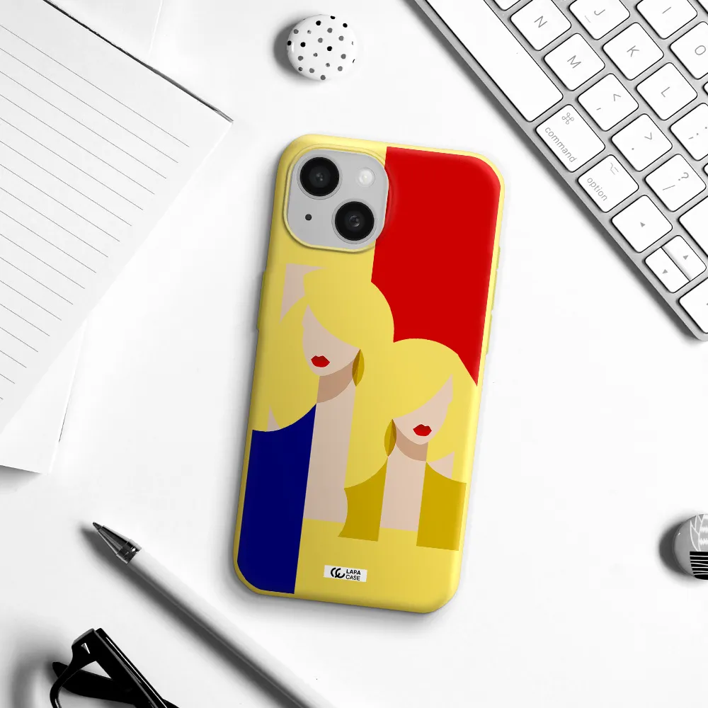 Abstract Two Female Portrait Apple iPhone 15 Silicone canary yellow Case