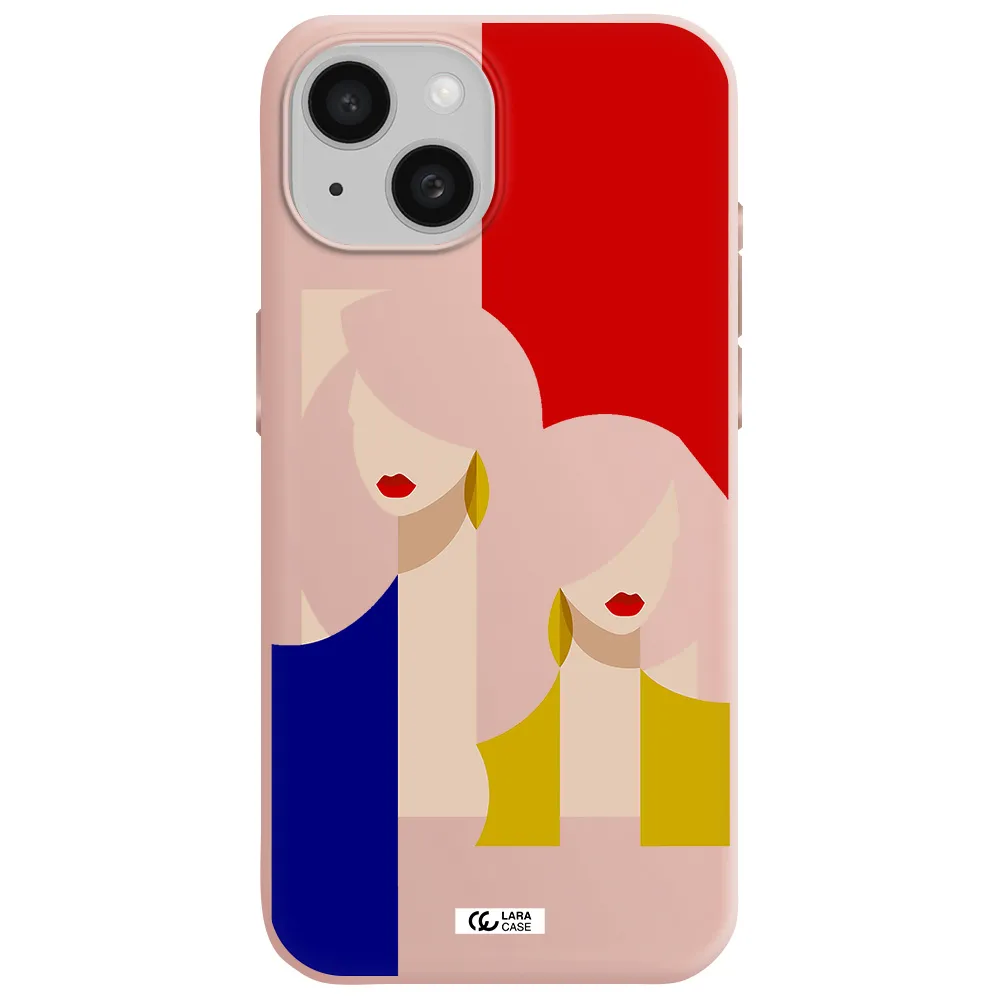 Abstract Two Female Portrait Apple Iphone 15 Silicone Pastel Pink Case