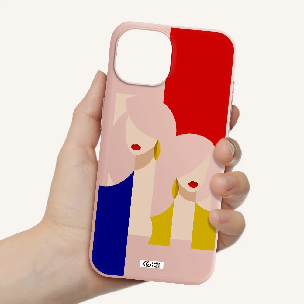 Abstract Two Female Portrait Apple Iphone 15 Silicone Pastel Pink Case