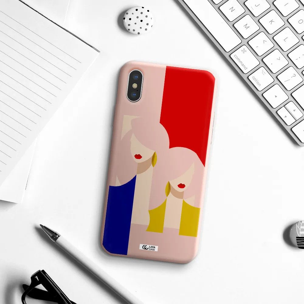 Abstract Two Female Portrait Apple iPhone X Silicone pastel pink Case