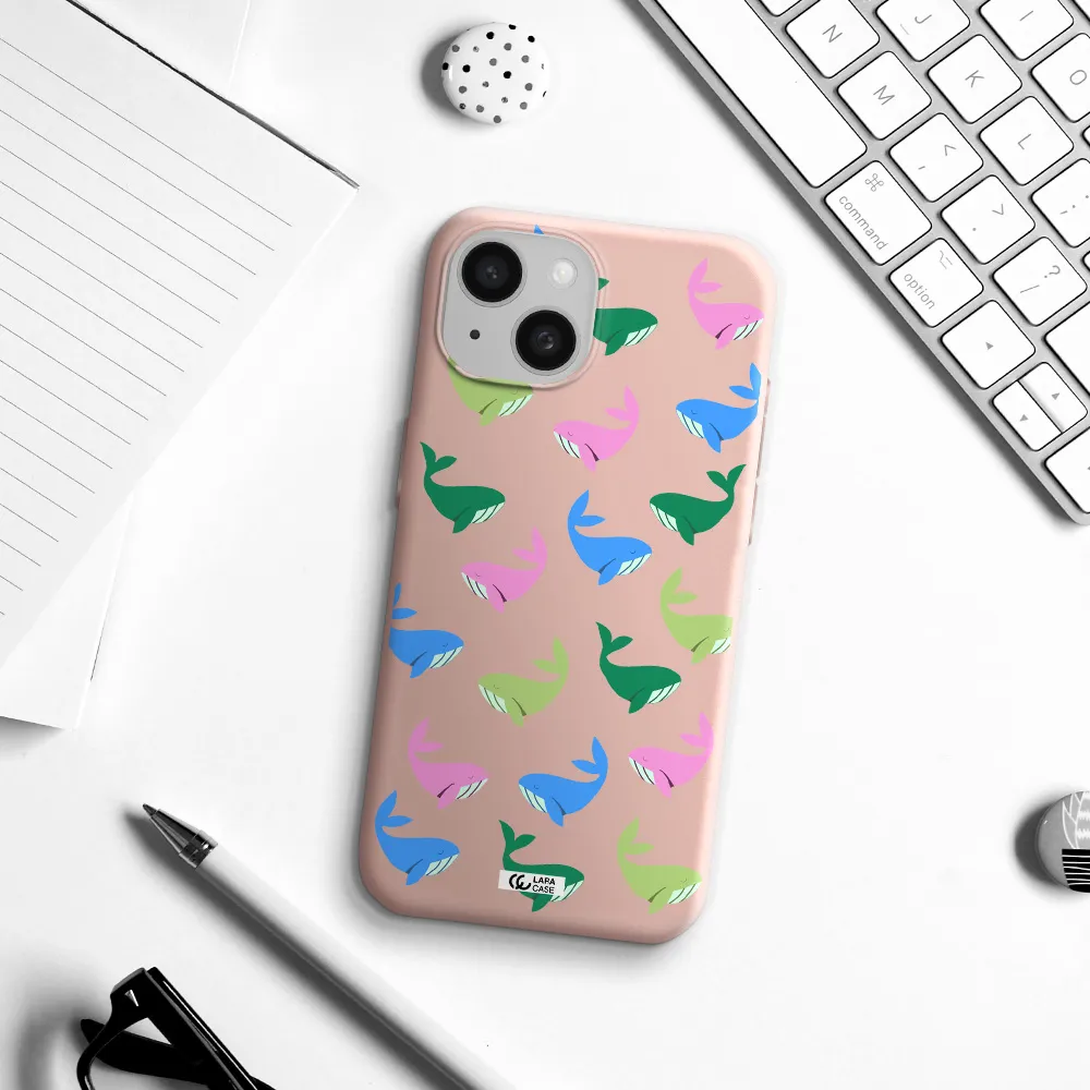 Colorful Whales Apple Iphone 15 Silicone Pastel Pink Case