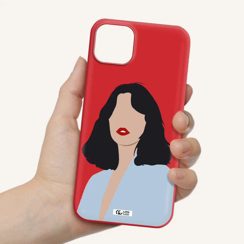Minimalist Girl Portrait Apple iPhone 14 plus Silicone Imperial Red Case