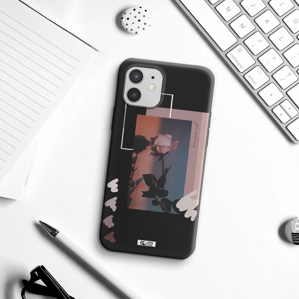 Pink Rose Apple iPhone 12 mini Silicone black Case