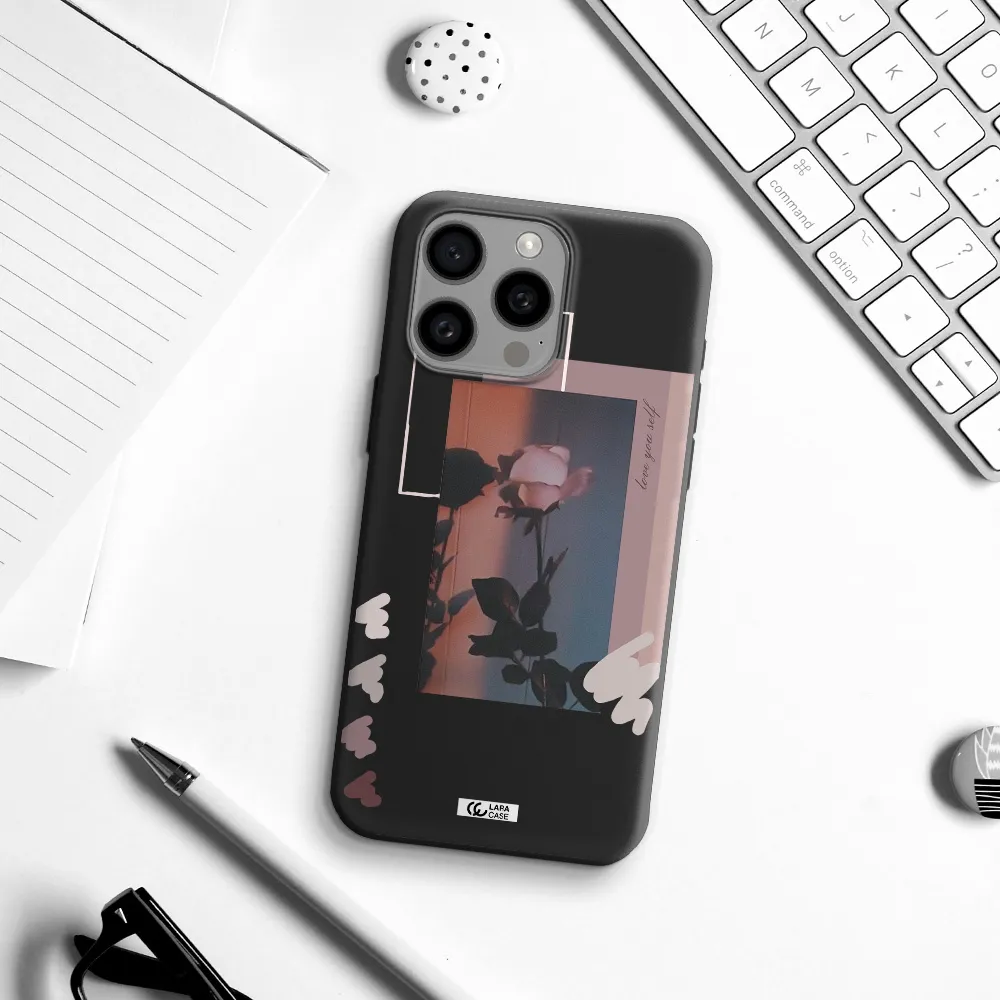 Pink Rose Apple Iphone 15 Pro max Silicone black Case