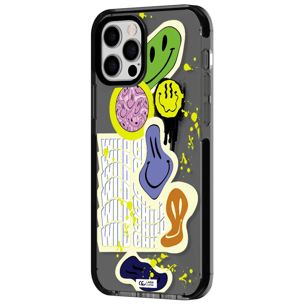 Colorful Emojis Apple iPhone 12 pro impact Smoke Black Case