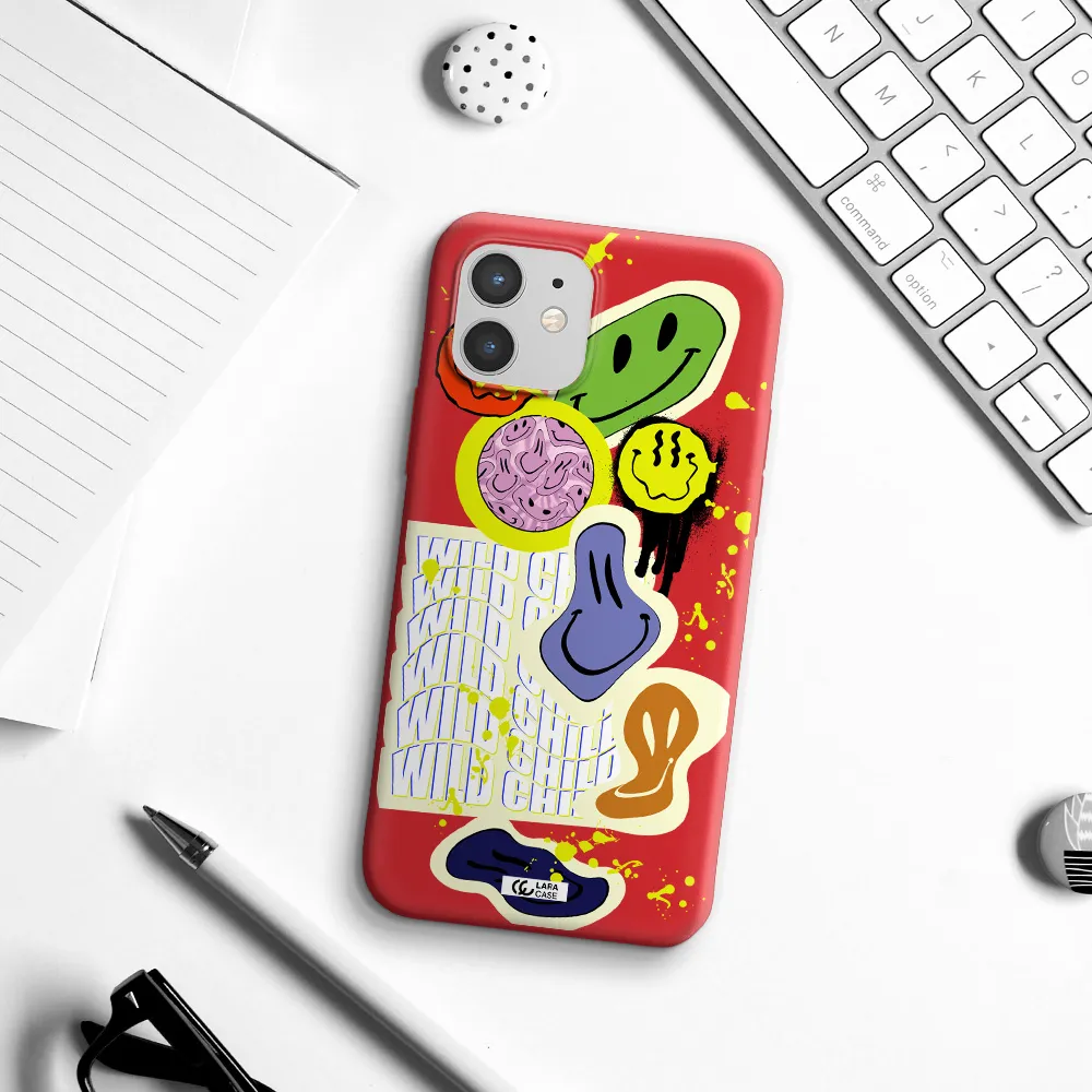 Colorful Emojis Apple iPhone 12 Silicone Imperial Red Case