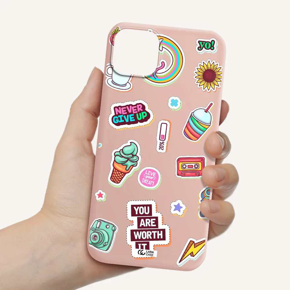 Summer Stickers Apple iPhone 14 plus Silicone pastel pink Case