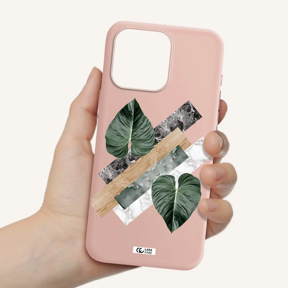 Tropical Leaves Apple Iphone 15 Pro max Silicone pastel pink Case