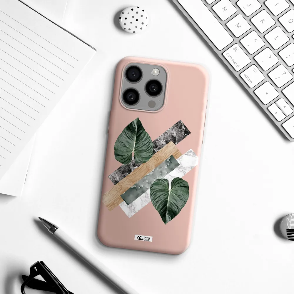 Tropical Leaves Apple Iphone 15 Pro max Silicone pastel pink Case