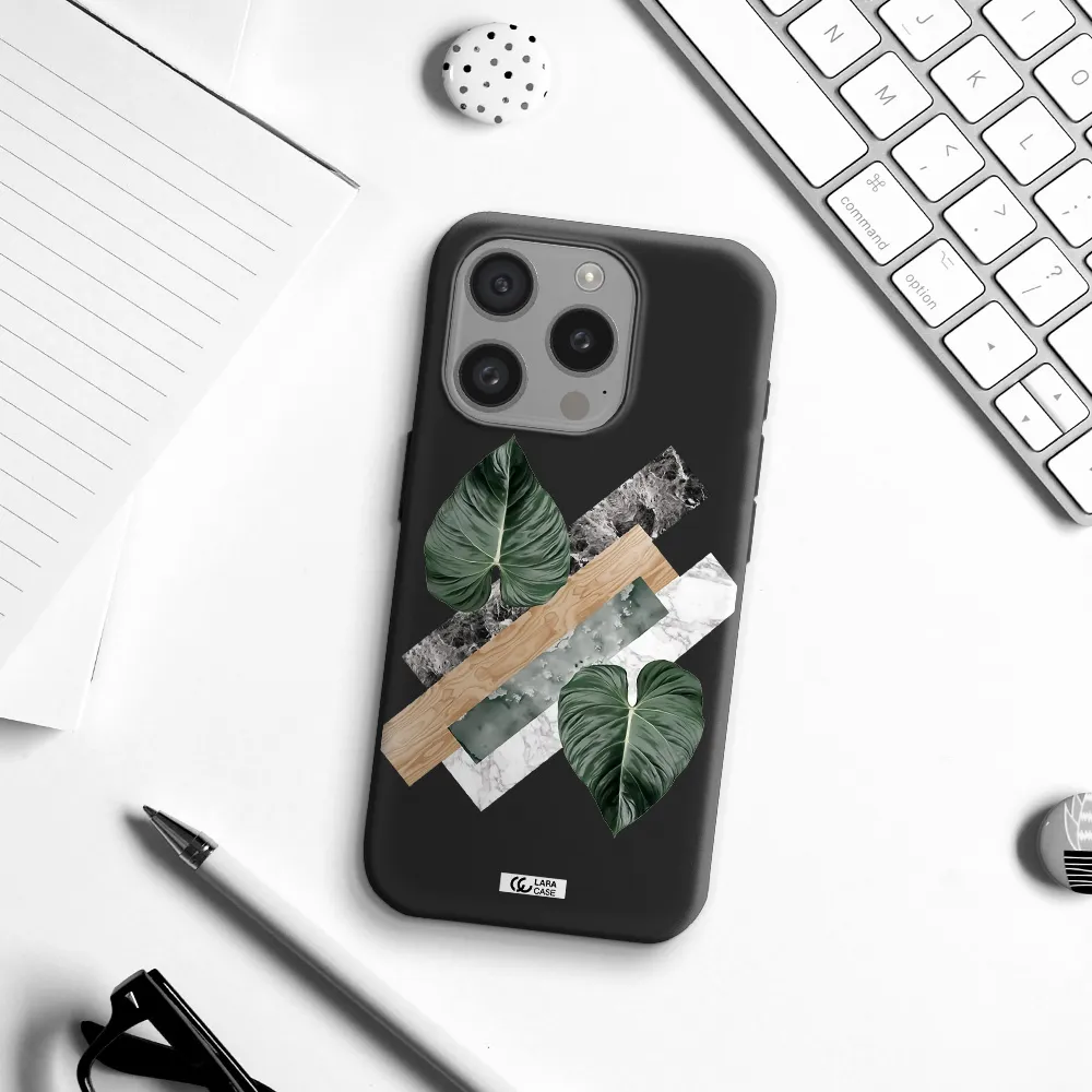 Tropical Leaves Apple Iphone 15 Pro Silicone Black Case