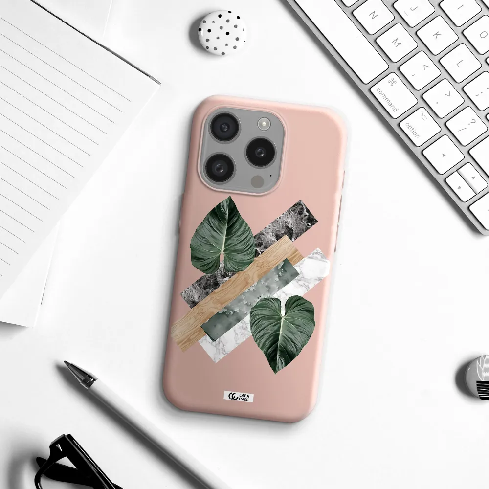 Tropical Leaves Apple Iphone 15 Pro Silicone Pastel Pink Case