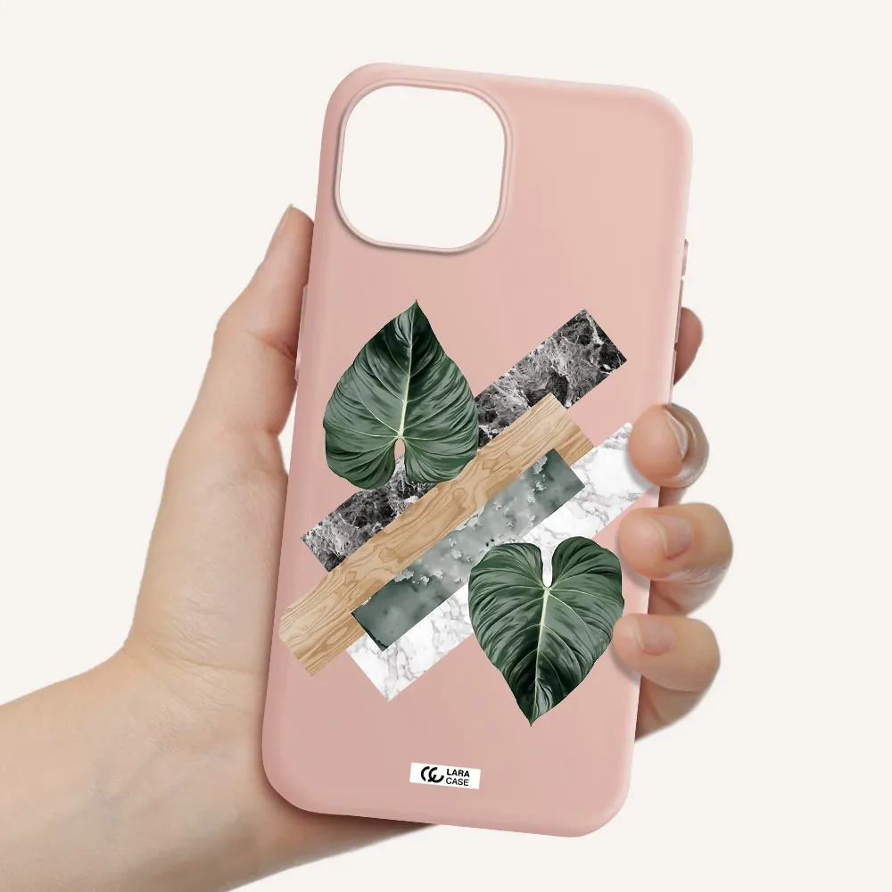 Tropical Leaves Apple Iphone 15 Silicone Pastel Pink Case