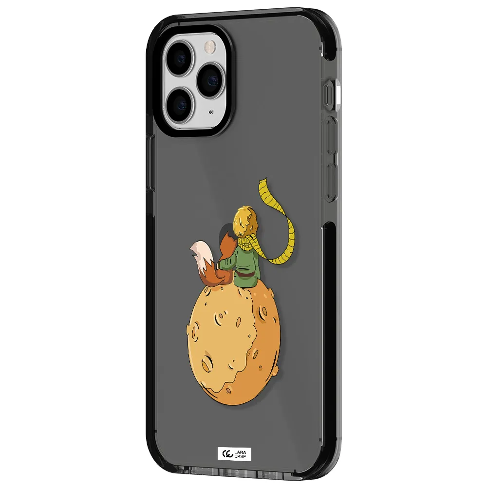 a cartoon of a fox and a fox sitting on a planet Apple iPhone 11 pro max impact Smoke Black Case