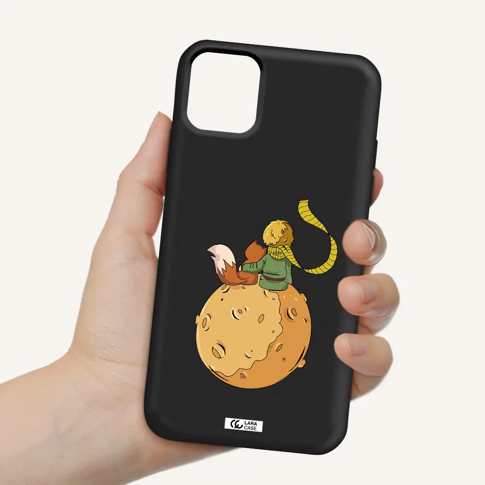 a cartoon of a fox and a fox sitting on a planet Apple iPhone 11 Silicone black Case