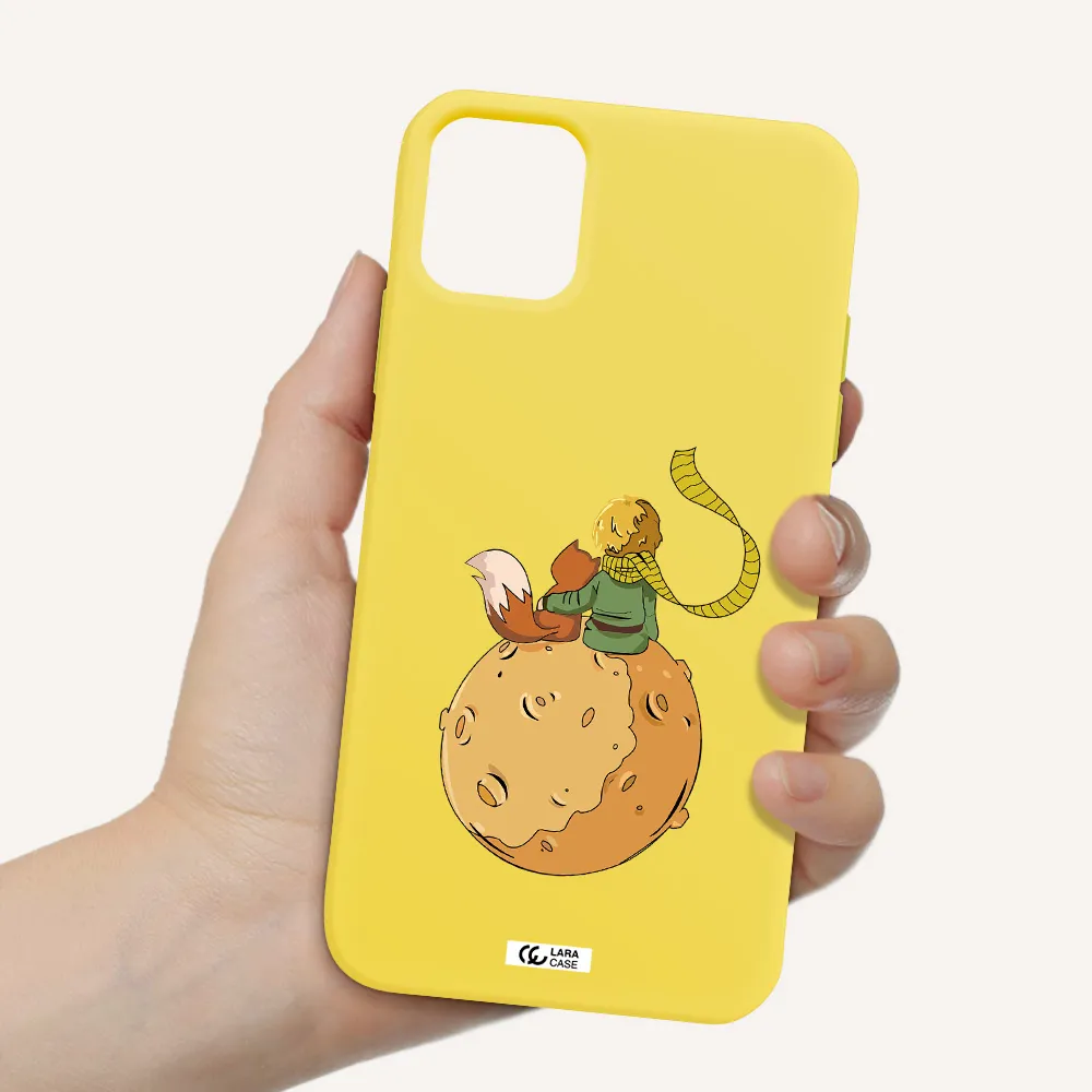 a cartoon of a fox and a fox sitting on a planet Apple iPhone 11 Silicone canary yellow Case