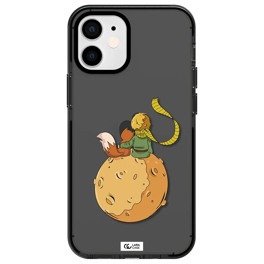 a cartoon of a fox and a fox sitting on a planet Apple iPhone 12 mini impact Smoke Black Case