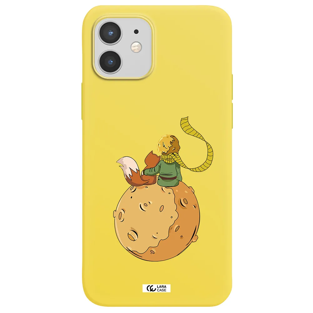 a cartoon of a fox and a fox sitting on a planet Apple iPhone 12 mini Silicone canary yellow Case