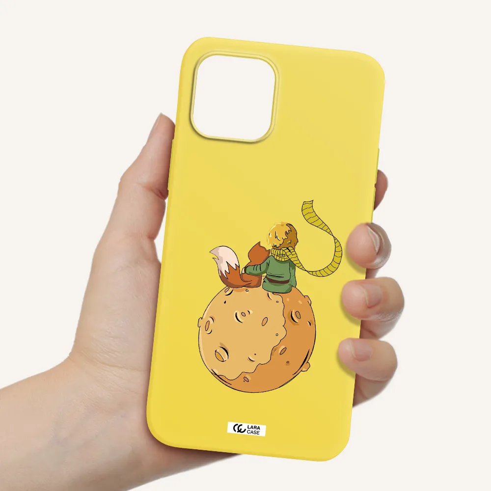 a cartoon of a fox and a fox sitting on a planet Apple iPhone 12 mini Silicone canary yellow Case