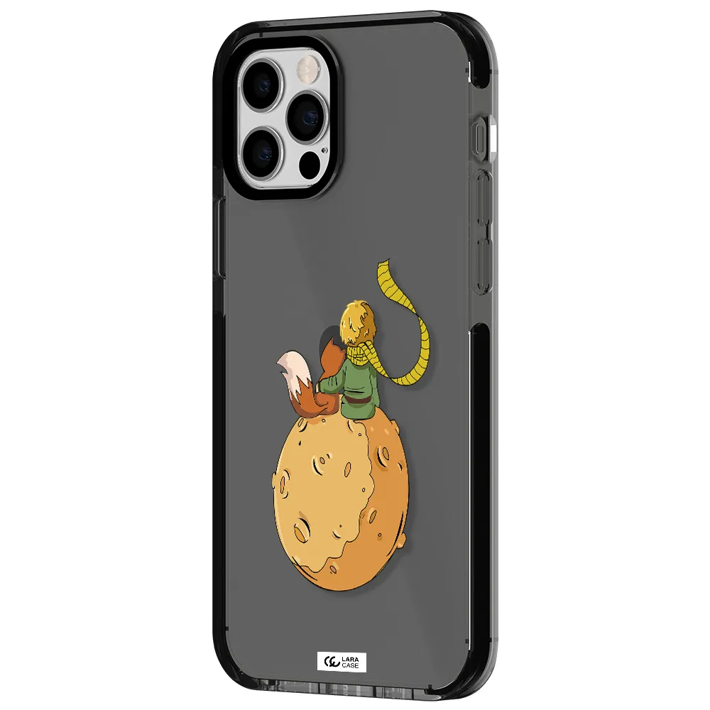 a cartoon of a fox and a fox sitting on a planet Apple iPhone 12 pro impact Smoke Black Case