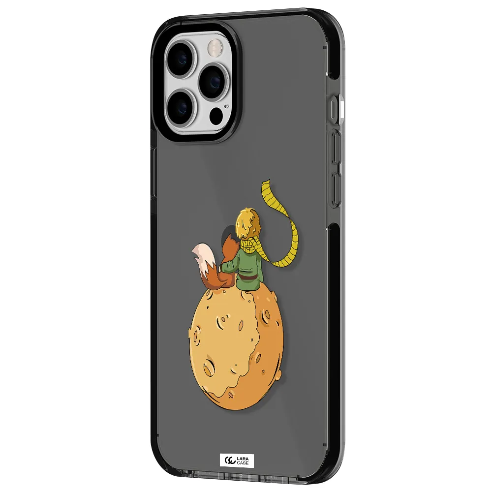 a cartoon of a fox and a fox sitting on a planet Apple iPhone 12 pro max impact Smoke Black Case