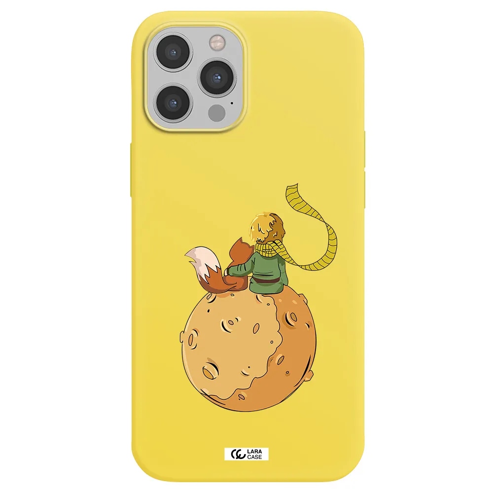 a cartoon of a fox and a fox sitting on a planet Apple iPhone 12 pro max Silicone canary yellow Case