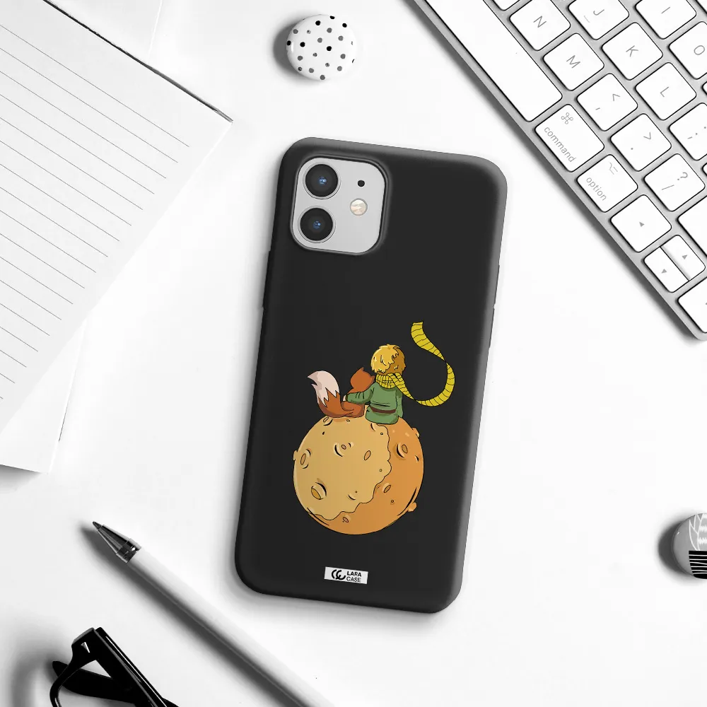 a cartoon of a fox and a fox sitting on a planet Apple iPhone 12 Silicone black Case