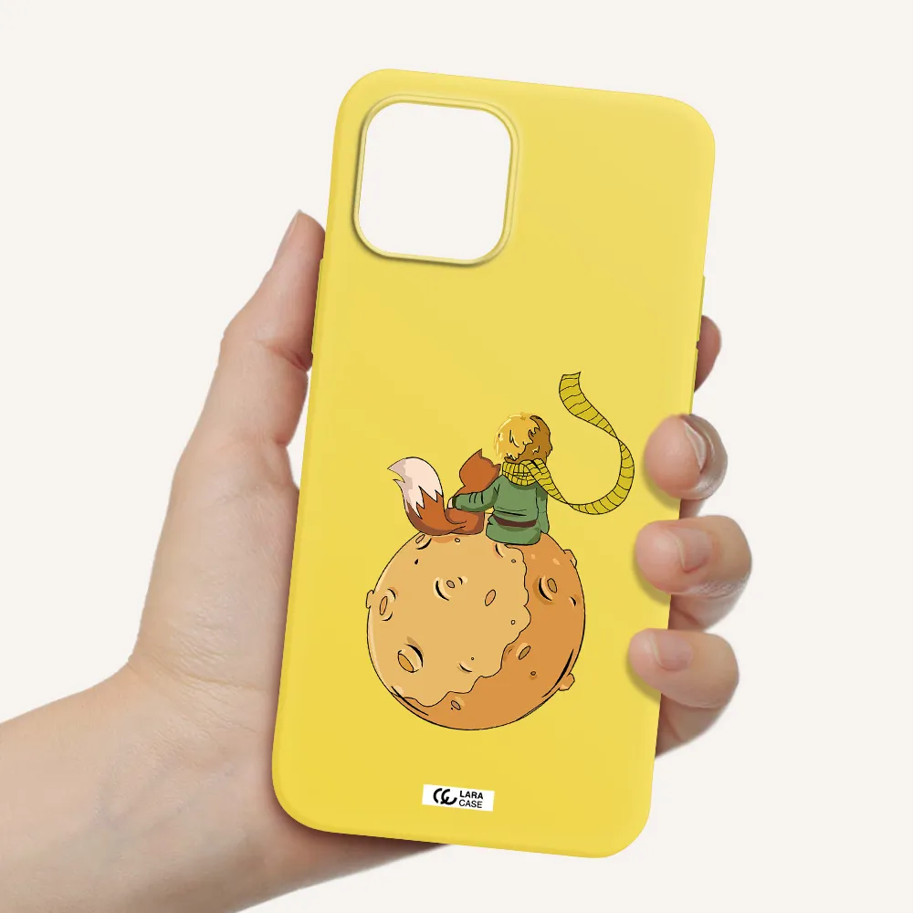 a cartoon of a fox and a fox sitting on a planet Apple iPhone 12 Silicone canary yellow Case