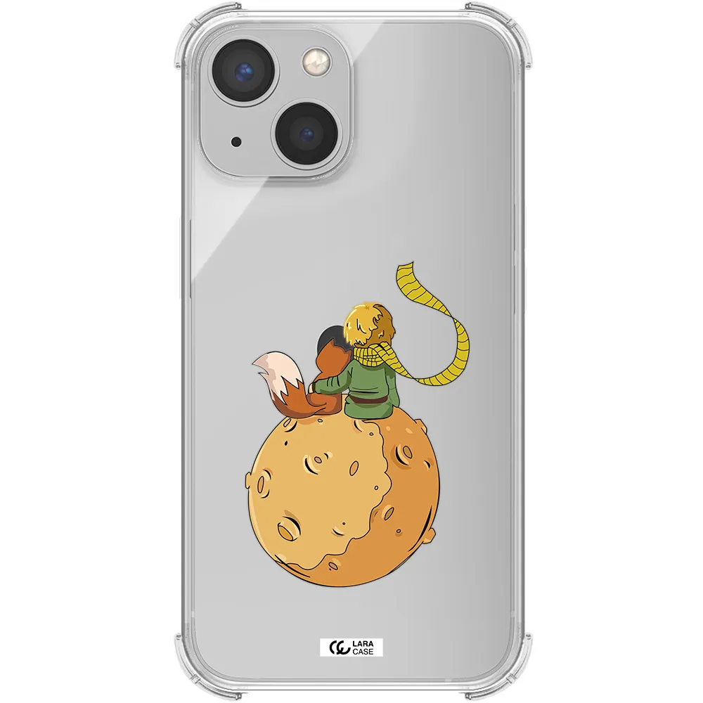 a cartoon of a fox and a fox sitting on a planet Apple iPhone 13 Clear PC Case