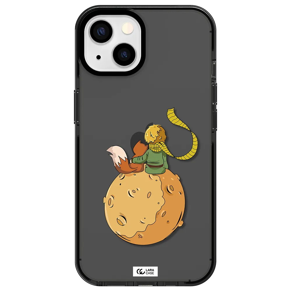 a cartoon of a fox and a fox sitting on a planet Apple iPhone 13 impact Smoke Black Case