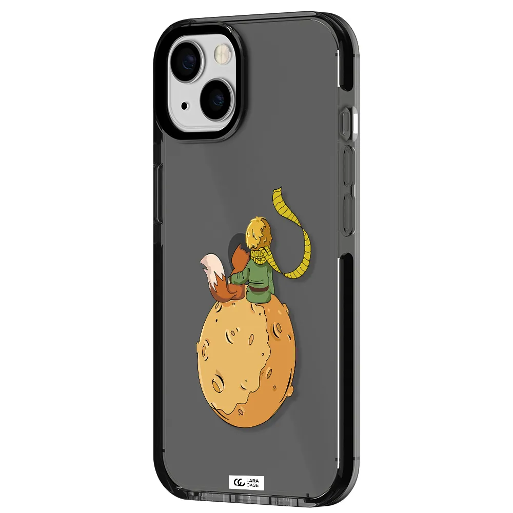 a cartoon of a fox and a fox sitting on a planet Apple iPhone 13 impact Smoke Black Case