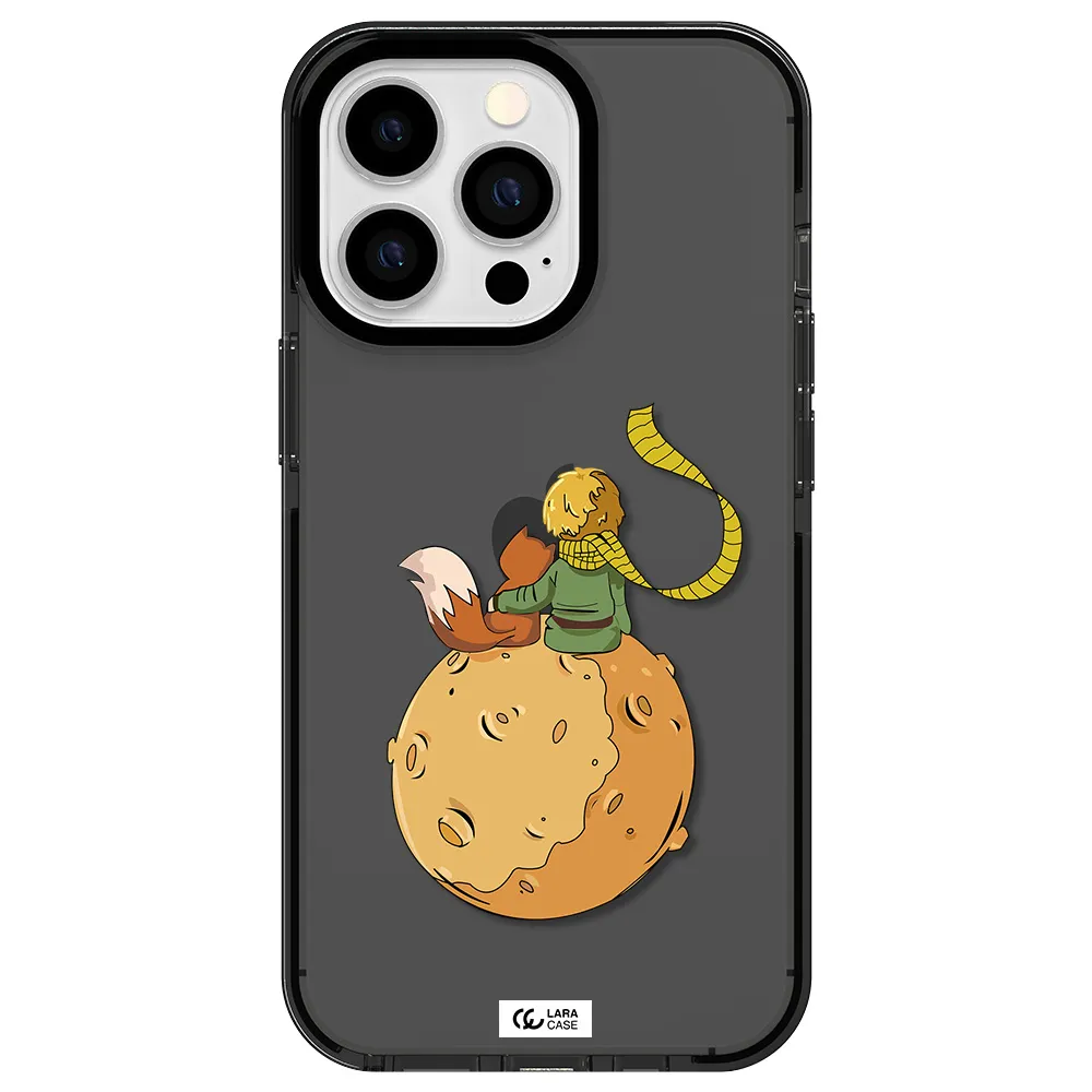 a cartoon of a fox and a fox sitting on a planet Apple iPhone 13 Pro impact Smoke Black Case