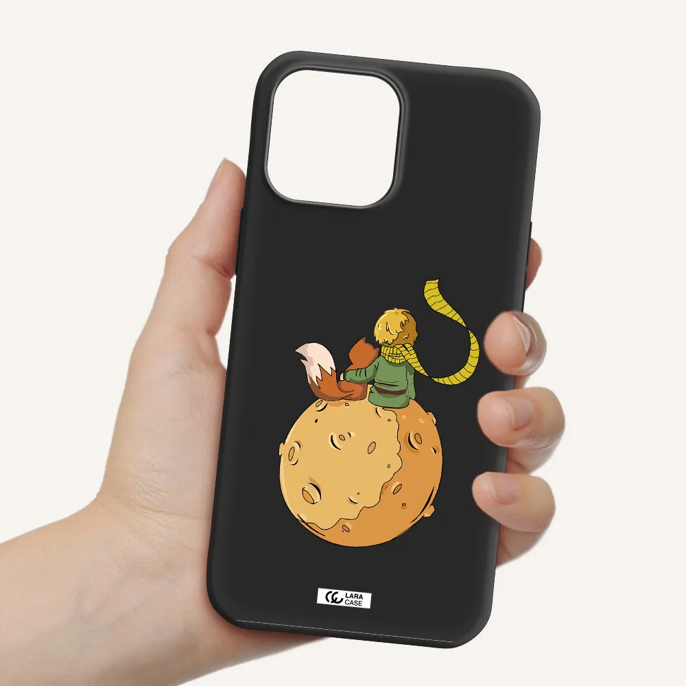 a cartoon of a fox and a fox sitting on a planet Apple iPhone 13 Pro Max Silicone black Case