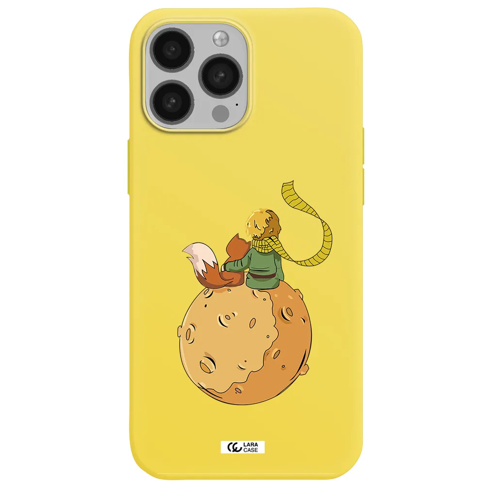 a cartoon of a fox and a fox sitting on a planet Apple iPhone 13 Pro Max Silicone canary yellow Case
