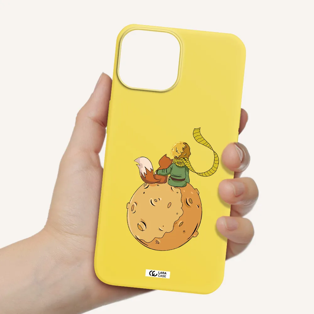 a cartoon of a fox and a fox sitting on a planet Apple iPhone 13 Silicone canary yellow Case