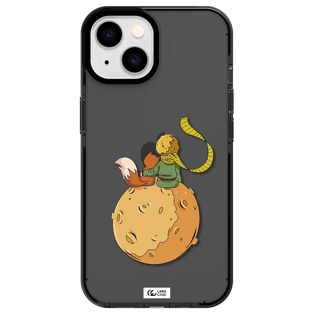 a cartoon of a fox and a fox sitting on a planet Apple iPhone 14 impact Smoke Black Case
