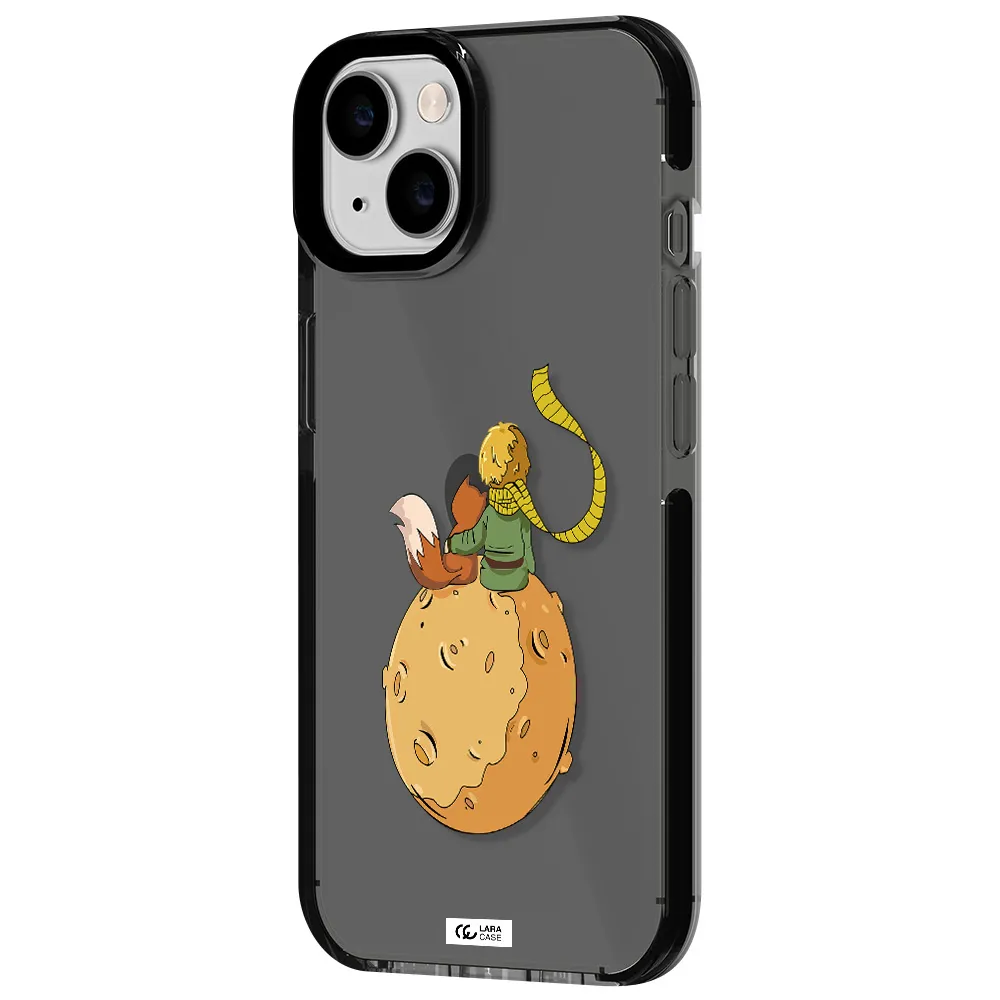 a cartoon of a fox and a fox sitting on a planet Apple iPhone 14 impact Smoke Black Case