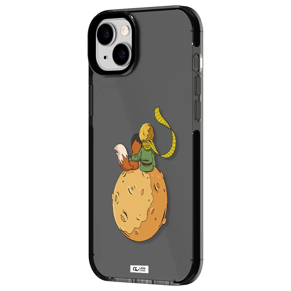 a cartoon of a fox and a fox sitting on a planet Apple iPhone 14 plus impact Smoke Black Case