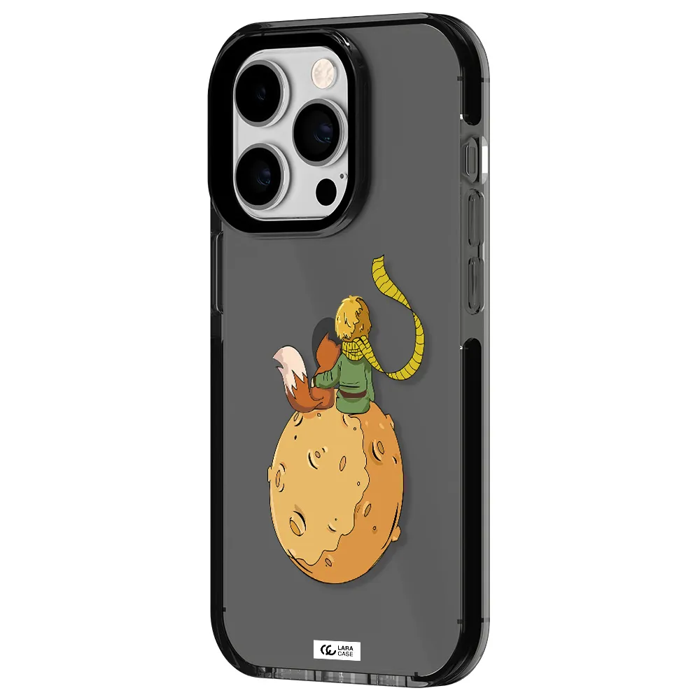 a cartoon of a fox and a fox sitting on a planet Apple iPhone 14 pro impact Smoke Black Case