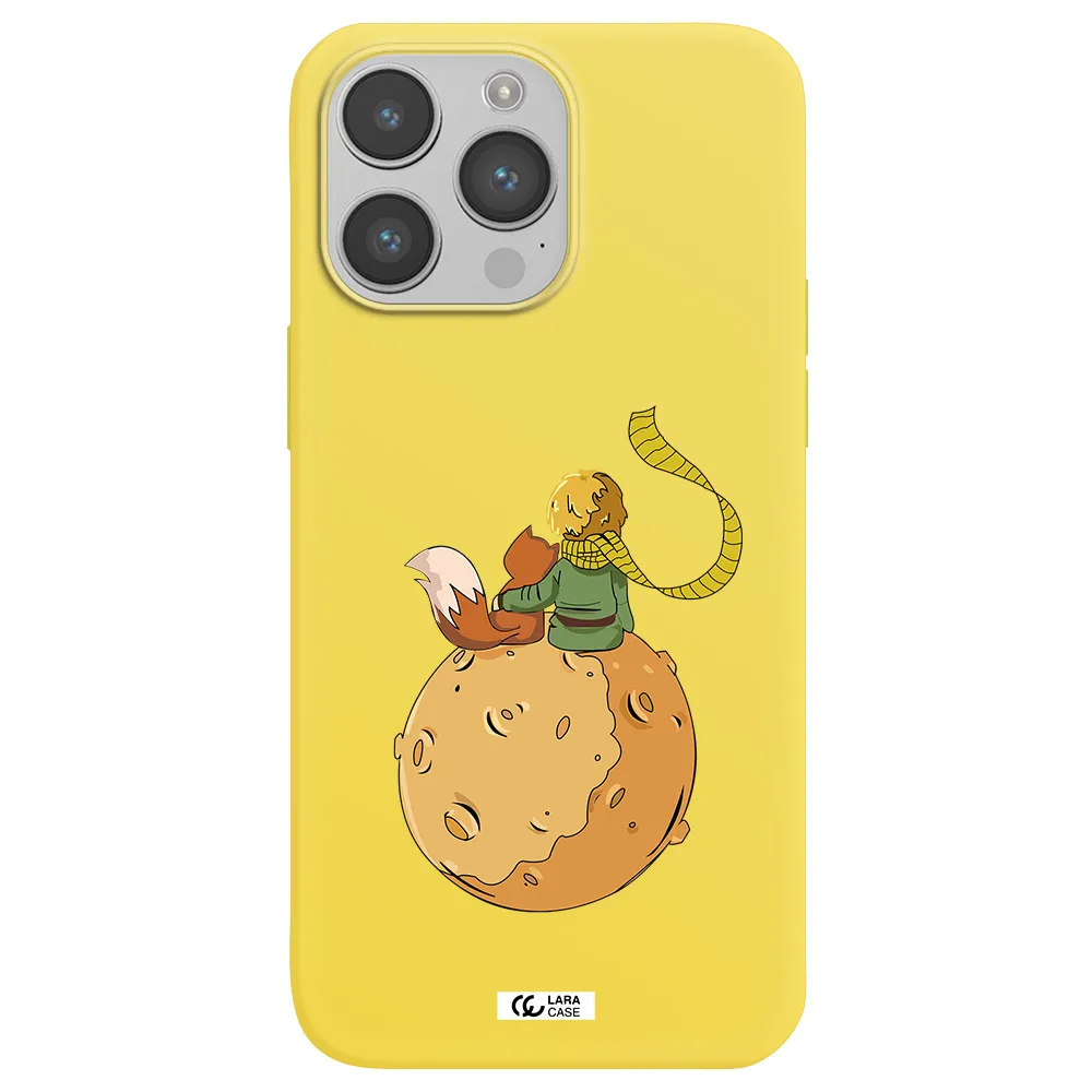a cartoon of a fox and a fox sitting on a planet Apple iPhone 14 pro max Silicone canary yellow Case