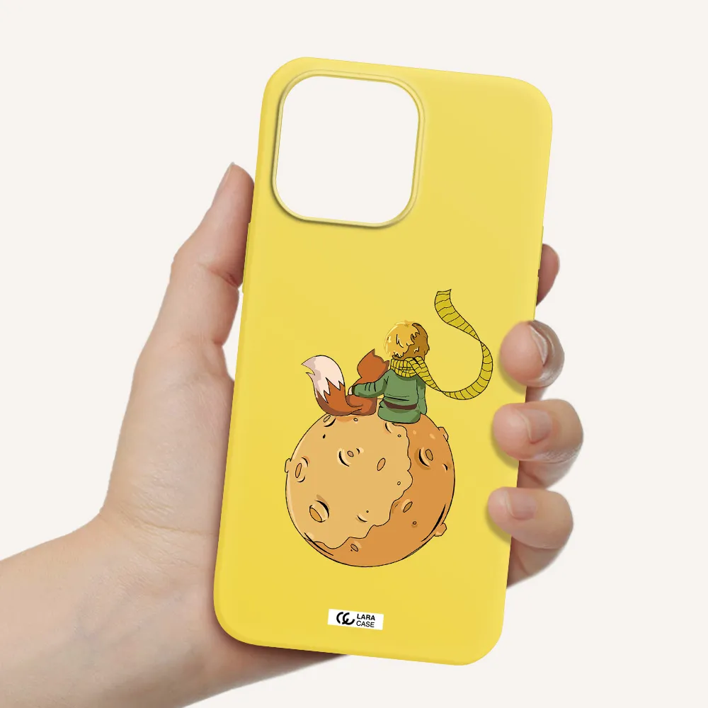 a cartoon of a fox and a fox sitting on a planet Apple iPhone 14 pro max Silicone canary yellow Case